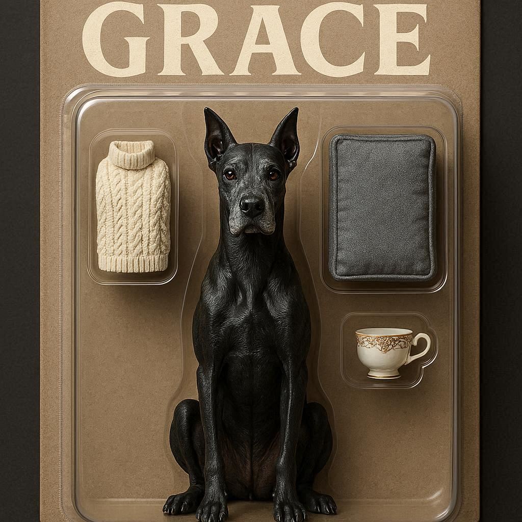 An action figure of a thin black Great Dane with some greying in her face in the style of a premium collectible toy. The dog figurine should be seated and facing straight ahead. The package should have a header with the text 'GRACE' in large letters. The accessories in compartments next to the figure are a cream-colored knit sweater, a rectangular grey dog bed, and a fancy teacup.