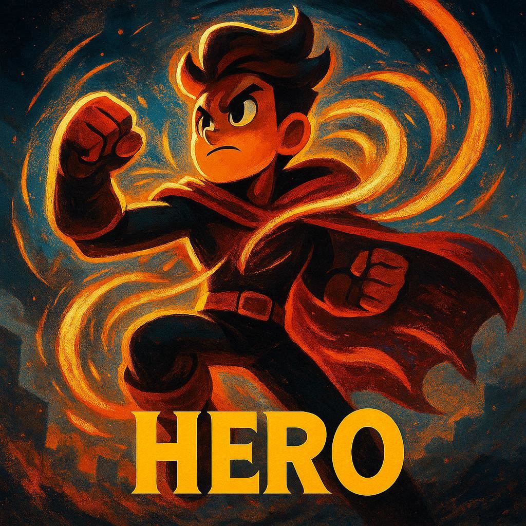 Create a heroic movie poster featuring an original stylized character, not a realistic human. 1:1 aspect ratio. Use a bold, dynamic pose with dramatic lighting and high‑contrast colors. Render the hero in a semi‑cartoon, anime‑inspired, or 3D stylized look with clear expressive features but no realism. Add swirling energy or abstract power elements around them. Include an atmospheric background. No references to any existing hero IP.