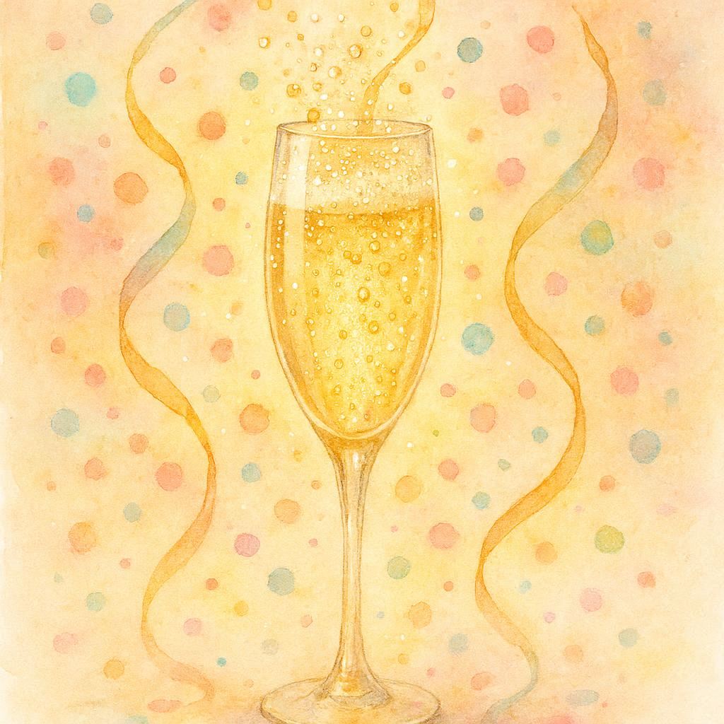A delicate watercolor illustration of a sparkling champagne flute bursting with golden bubbles, surrounded by vibrant pastel confetti swirling in the air. Soft shimmering streamers curve upward as if lifted by joyful cheers. Warm glowing light enhances the festive, uplifting mood, creating a dreamy, energetic celebration atmosphere.